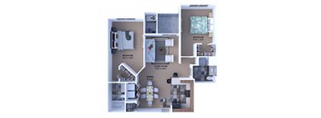 A 3D floor plan of a small apartment with two bedrooms, a living room, and a dining area.