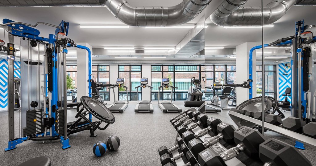 A gym with a variety of equipment including dumbbells, weight plates, and a leg press machine.