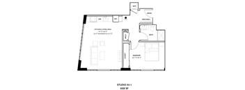 A floor plan of a studio apartment with a kitchen, bathroom, and bedroom.