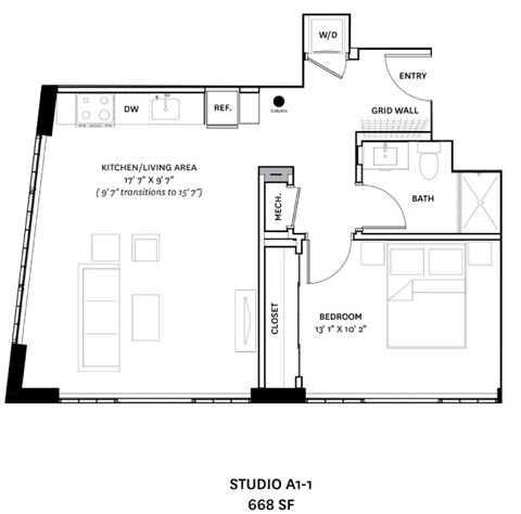 A floor plan of a studio apartment with a kitchen, bathroom, and bedroom.