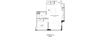 A floor plan of a 1 bedroom apartment with a kitchen, bathroom and living room.
