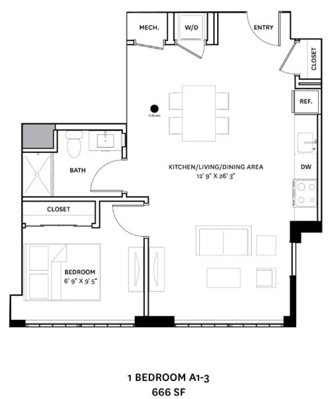 A floor plan of a 1 bedroom apartment with a kitchen, bathroom and living room.