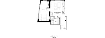 A drawing of a 1 bedroom apartment with a floor plan.
