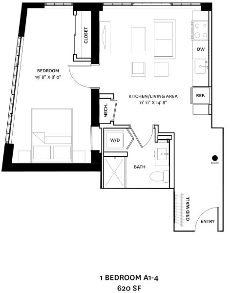 A drawing of a 1 bedroom apartment with a floor plan.