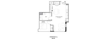 A floor plan of a one bedroom apartment sized 663 square feet.