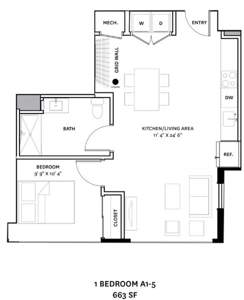 A floor plan of a one bedroom apartment sized 663 square feet.