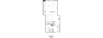 A floor plan for a studio apartment with a kitchen, bathroom, and closet.
