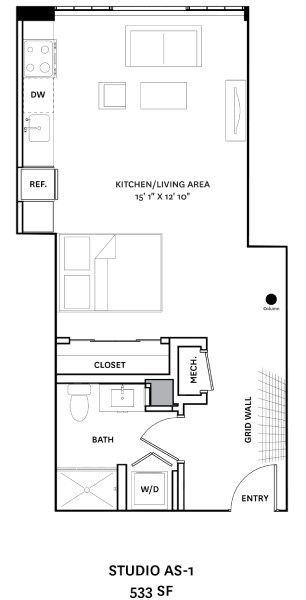 A floor plan for a studio apartment with a kitchen, bathroom, and closet.