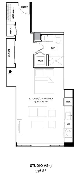 A floor plan of a Studio AS-3 apartment layout.