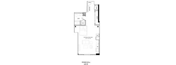 A floor plan of a studio apartment with a kitchen, bathroom, and living area.
