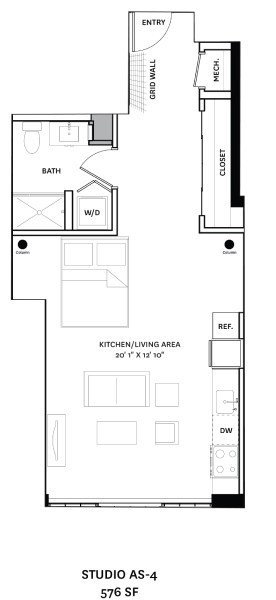 A floor plan of a studio apartment with a kitchen, bathroom, and living area.
