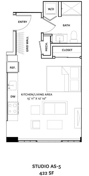 A floor plan for a 422 square foot studio apartment.