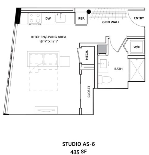 A floor plan for a Studio AS-6 apartment sized 435 square feet.