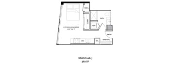 A floor plan of a studio apartment with a kitchen, living area, bathroom, and a grid wall.