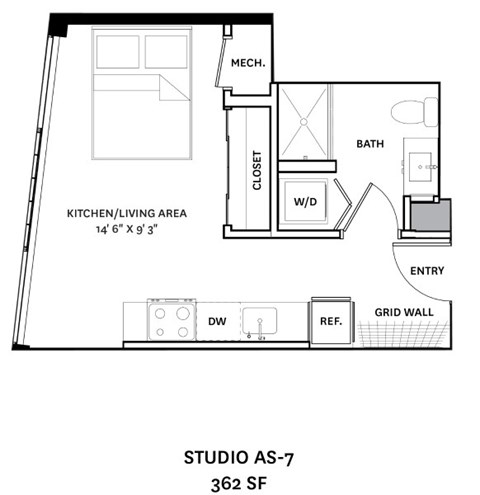 A floor plan of a studio apartment with a kitchen, living area, bathroom, and a grid wall.