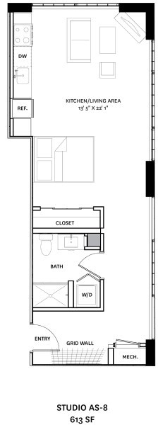 A floor plan of a Studio AS-8 613 SF is shown.