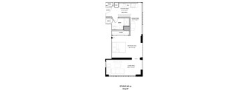 A floor plan of a home with a living area, bedroom, and bathroom.