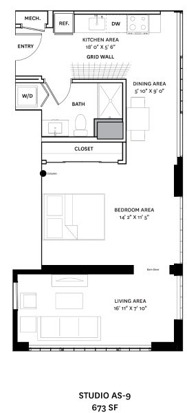 A floor plan of a home with a living area, bedroom, and bathroom.