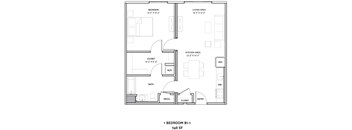 A floor plan of a 748 square foot one bedroom apartment.