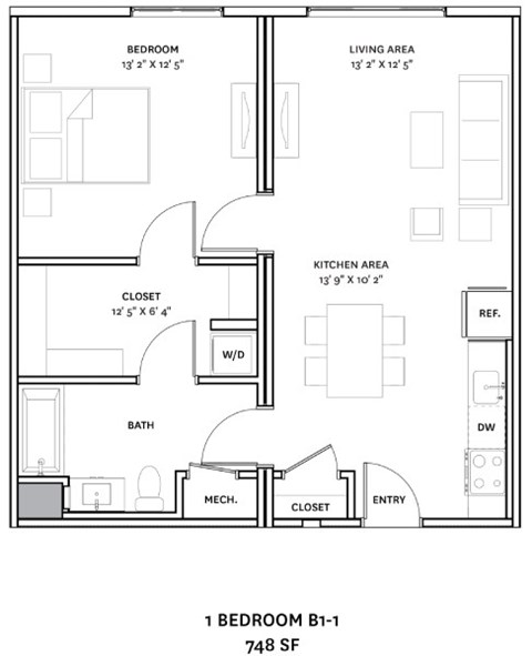 A floor plan of a 748 square foot one bedroom apartment.