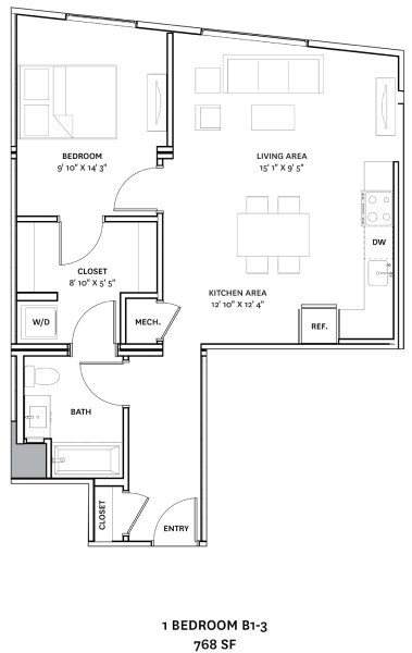A floor plan of a 1 bedroom apartment sized at 768 square feet.