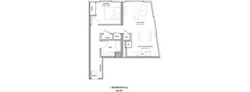 A floor plan of a 1 bedroom apartment sized at 734 square feet.