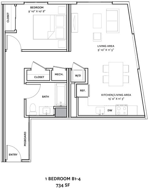 A floor plan of a 1 bedroom apartment sized at 734 square feet.
