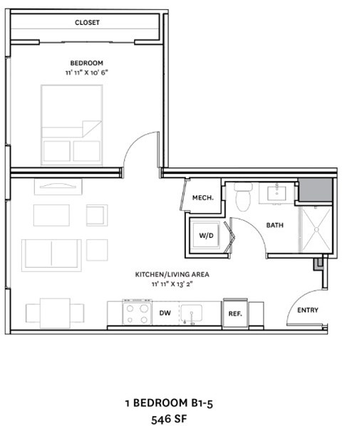 A floor plan of a 546 square foot one bedroom apartment.