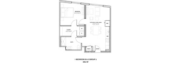 A floor plan of a 1 bedroom apartment with a kitchen and living area.