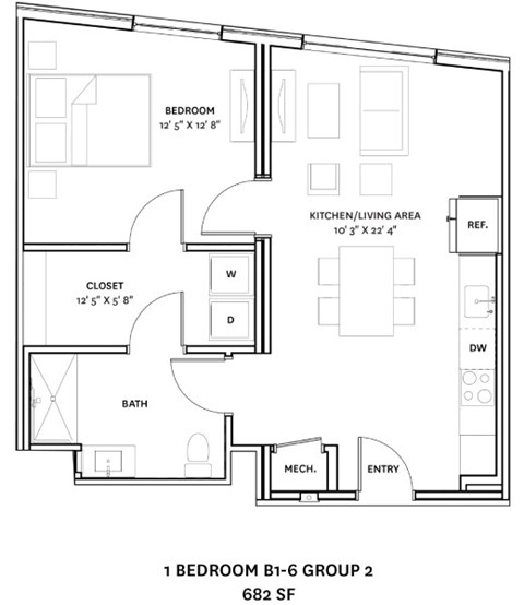 A floor plan of a 1 bedroom apartment with a kitchen and living area.