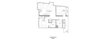 A floor plan of a 2 bedroom apartment with a kitchen, living area, and bathrooms.