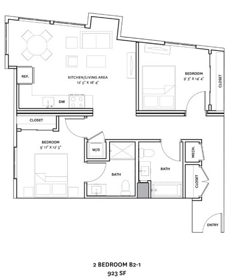 A floor plan of a 2 bedroom apartment with a kitchen, living area, and bathrooms.