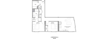 A floor plan of a 2-bedroom apartment with a kitchen/living area.