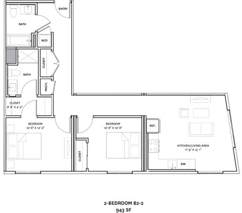 A floor plan of a 2-bedroom apartment with a kitchen/living area.