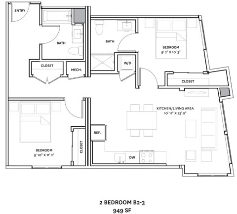 A floor plan of a 2 bedroom apartment.
