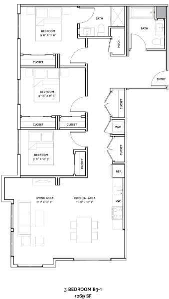 A floor plan of a 3 bedroom apartment.
