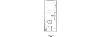 A floor plan of a studio apartment with a kitchen, living area, bedroom, bathroom, and a closet.