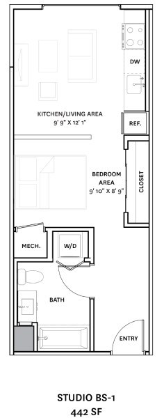 A floor plan of a studio apartment with a kitchen, living area, bedroom, bathroom, and a closet.