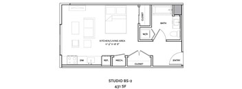 A floor plan of a studio apartment with labeled rooms.