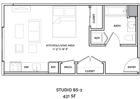 A floor plan of a studio apartment with labeled rooms.
