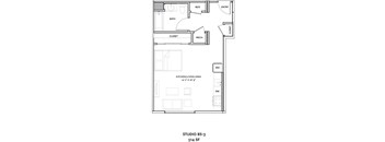 A floor plan of a studio apartment with a kitchen, bathroom, closet, and a work area.