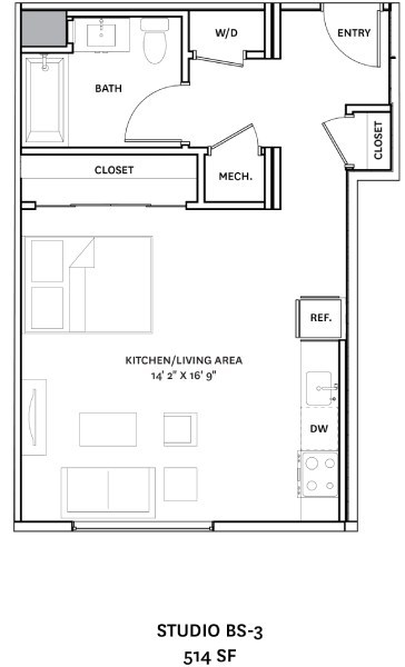 A floor plan of a studio apartment with a kitchen, bathroom, closet, and a work area.