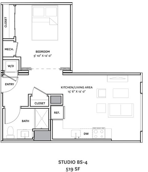 A floor plan for a studio apartment is labeled "STUDIO BS-4 519 SF".