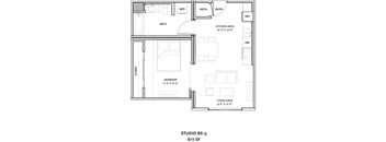 A floor plan of a studio apartment with a living area, bedroom, kitchen, and bathroom.