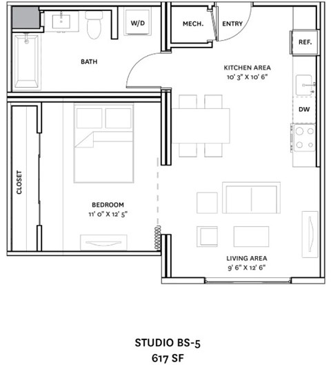 A floor plan of a studio apartment with a living area, bedroom, kitchen, and bathroom.