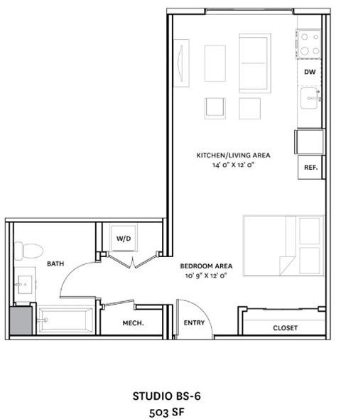 A floor plan for a studio apartment is labeled "STUDIO BS-6 503 SF".