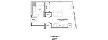 A floor plan of a studio apartment with a kitchen, bathroom, and living area.