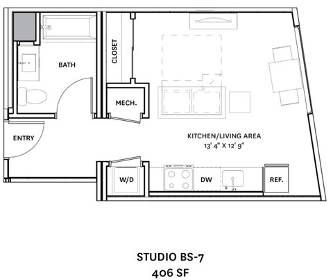 A floor plan of a studio apartment with a kitchen, bathroom, and living area.
