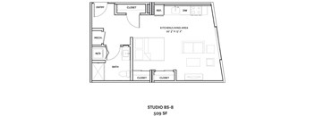 A floor plan of a studio apartment with a kitchen, bathroom, and living area.