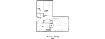 A floor plan for a studio apartment with a kitchen, living area, and bathroom.